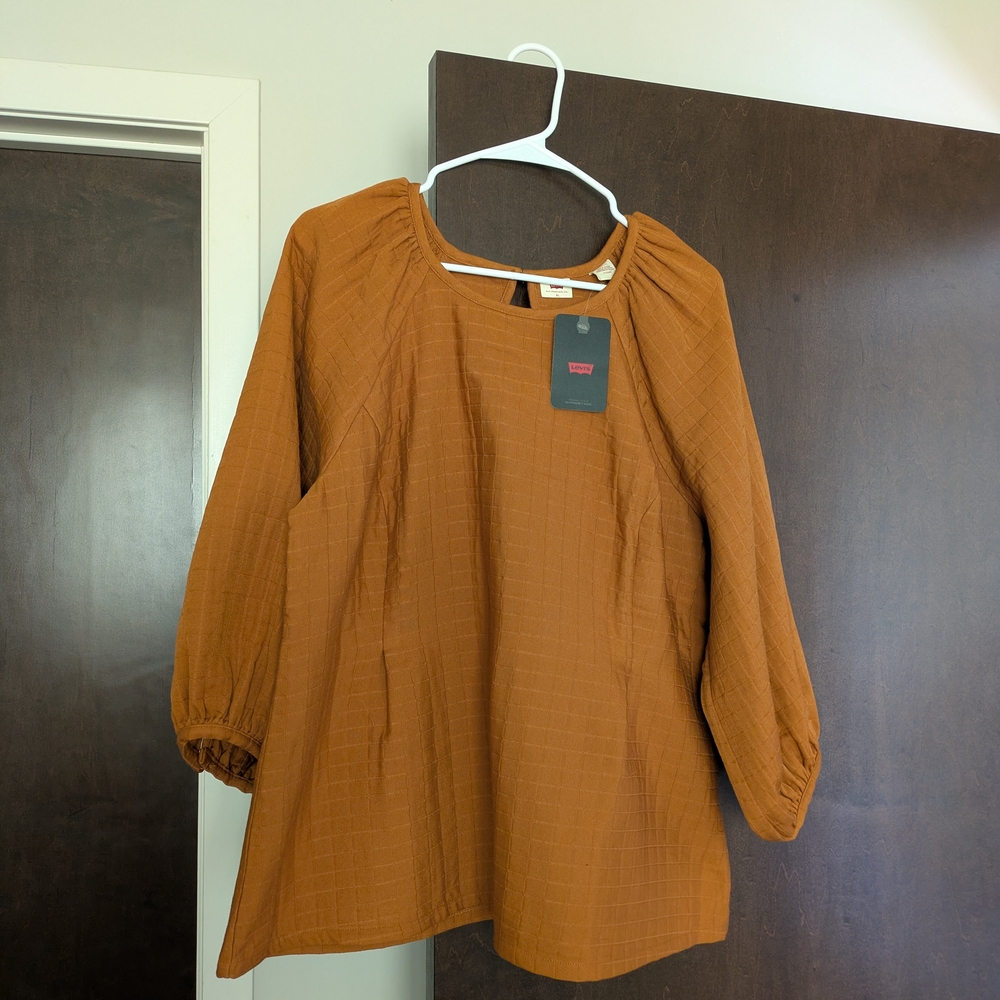 Levi's *NWT* Mustard Brown Smocked Blouse with Balloon Sleeves